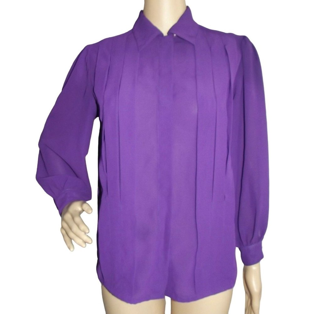 Vintage La Blouse 8P Purple Silky Pleated Blouse long sleeve top shirt (8 Petite